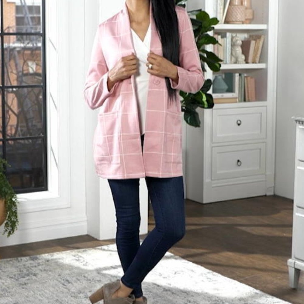 Isaac Mizrahi LIVE! Large Pink Windopane Knit menswear inspired long line jacket - Picture 1 of 9